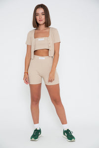 Rib Short Sleeve Cardigan - Beige