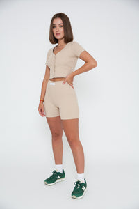 Rib Short Sleeve Cardigan - Beige