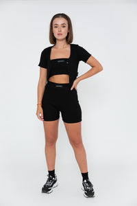 Rib Short Sleeve Cardigan - Black