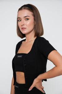 Rib Short Sleeve Cardigan - Black